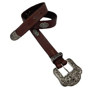 Vtg 80s Brown Leather Silver Concho Women's Belt Size M Donna Katz-Western-Boho